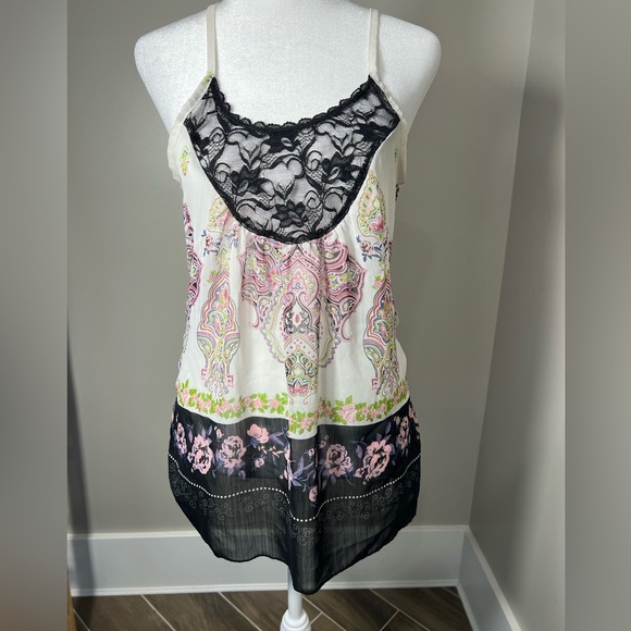 Daytrip small boho sheer Floral Lace Trim Tank Top spaghetti strap - Picture 1 of 9